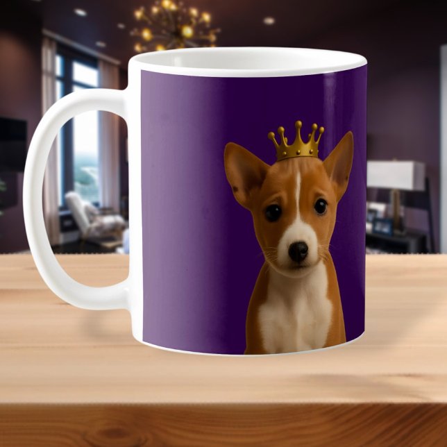 Caneca De Café Basenji Puppy na Dourada Coroa (Basenji Puppy in Gold Crown Cute Coffee Mug by Ricaso. Adorable pup dog on purple background)