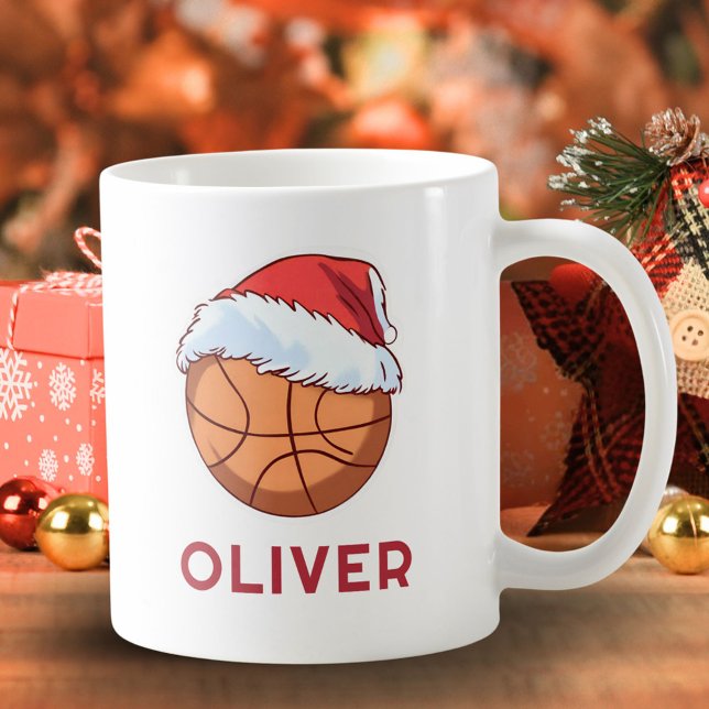 Caneca De Café Basketball Ball Red Santa Hat Name Christmas  (Criador carregado)