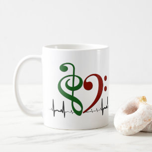 Caneca De Café Bass Clef Heart EKG Onda Verde e Vermelho Ruby