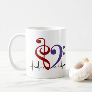 Caneca De Café Bass Clef Heart EKG Waves Crimson Red & Purple
