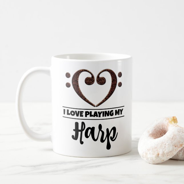 Caneca De Café Bass Clef Heart I Love Tocando Minha Harp (Com Donut)