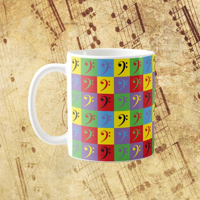Caneca De Café Bass Clef Music Pop Art Rainbow Patterno (A mug with a pop art pattern of bass clef music symbols)