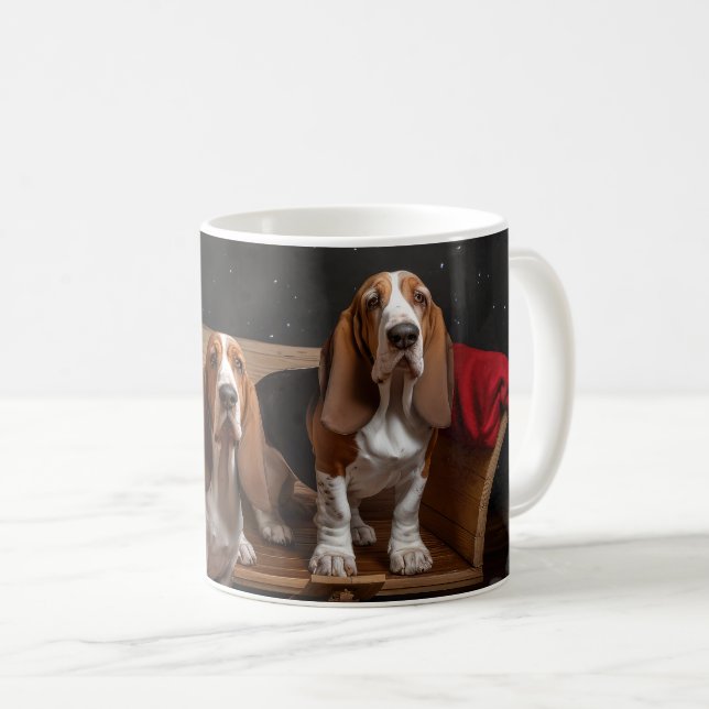 Caneca De Café Basset Hound Snowy Sleigh Decência de Natal (Frente Esquerda)