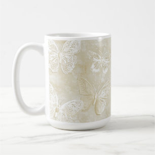 Caneca De Café Bastante Romântico Creme Marfim Borboletas Coraçõe