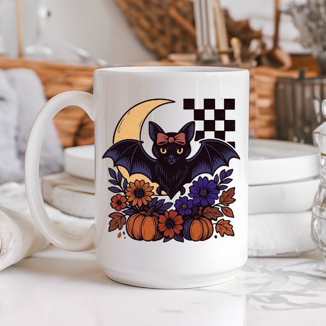 Caneca De Café Bat De Halloween Com Estética Gótica Da Lua (This retro Halloween bat design captures spooky charm with a gothic twist.)