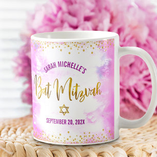 Caneca De Café Bat Mitzvah Rosa Aquarela Confete com Letra Dourad