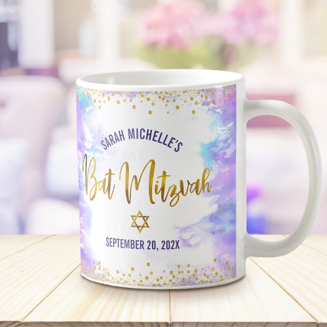 Caneca De Café Bat Mitzvah Roxo Aquarela Dourado Script Confetes (Criador carregado)