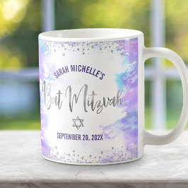Caneca De Café Bat Mitzvah Roxo Aquarela Grafia Prata Moderna