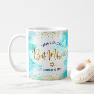 Caneca De Café Bat Mitzvah Turquesa Aquarela Dourado Script Negri