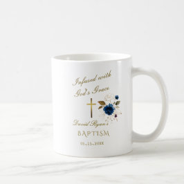 Caneca De Café Batismo Dourado azul Elegante de Caligrafia Floral