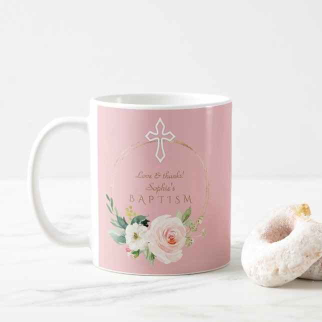 Caneca De Café Batismo Floral da Cruz Branca de Luxo, Rosa-Rosa (Com Donut)