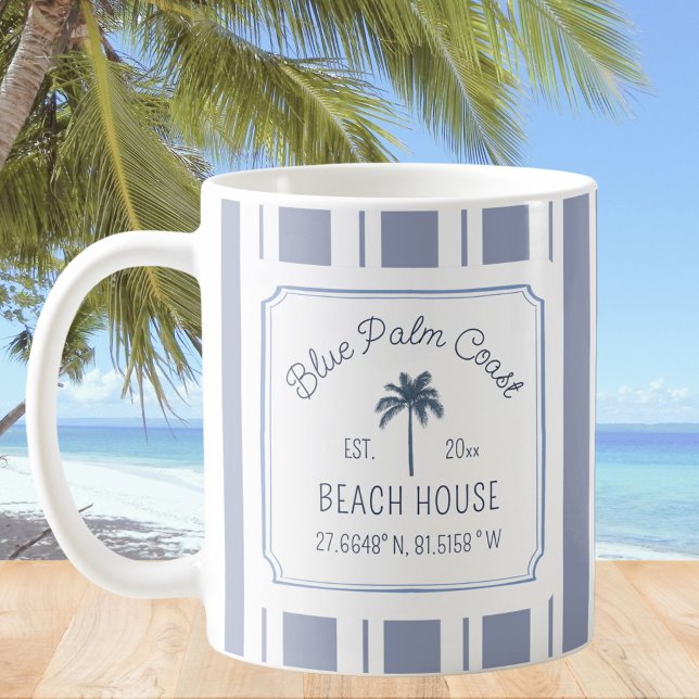 Caneca De Café Beach House Blue Stripes Coaster Farmhouse (In situ)