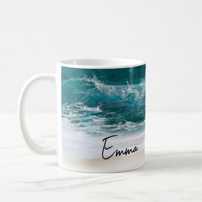 Caneca De Café Beach Tropical Waves Sand Modern Name (Esquerda)