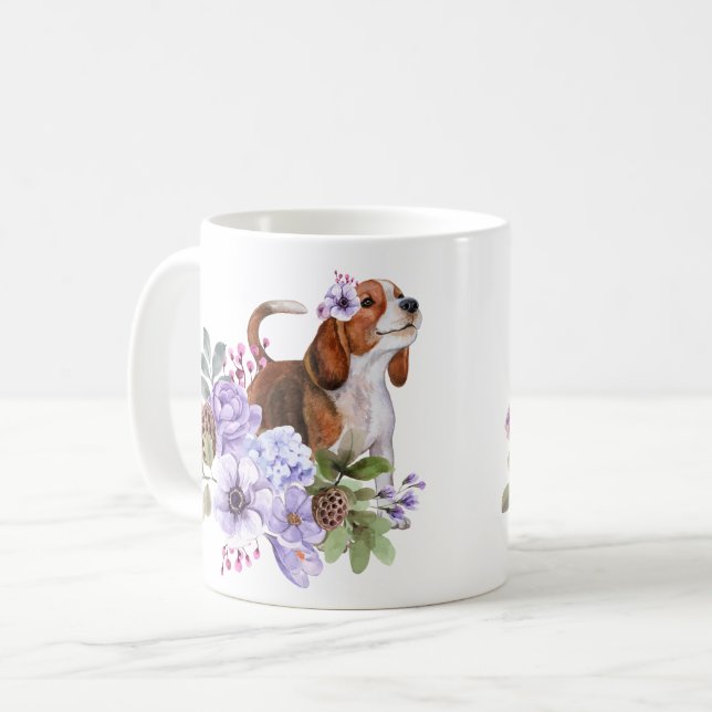 Caneca De Café Beagle Cercado por Flores Vibrantes em Aquarela  (Frente Esquerda)