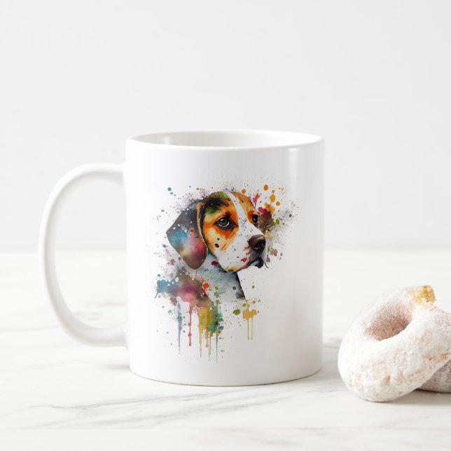 Caneca De Café Beagle Puppy Watercolor Art Adorável (Com Donut)