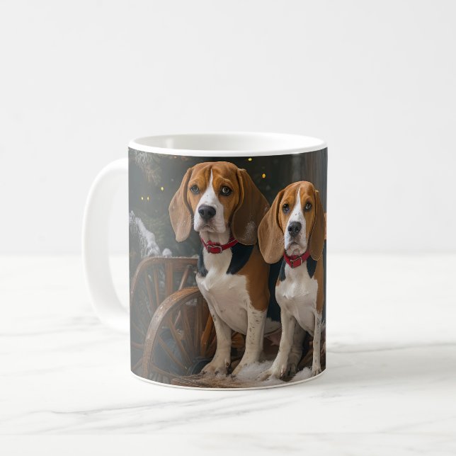Caneca De Café Beagle Sleigh Natal Decoração Nevada (Frente Esquerda)