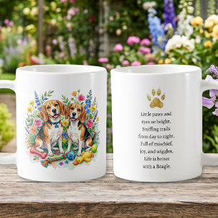 Caneca De Café Beagles em Aquarela Doce em Flores