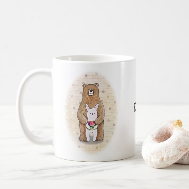 Caneca De Café Bear e Bunny Juntos Nome Personalizado do Casal Fe (Com Donut)