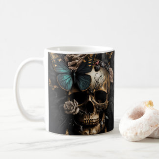 Caneca De Café Beautiful Goth Art Skull with blue Butterfly