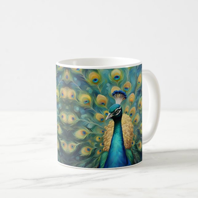 Caneca De Café Beautiful Green and blue Peacock (Frente Esquerda)