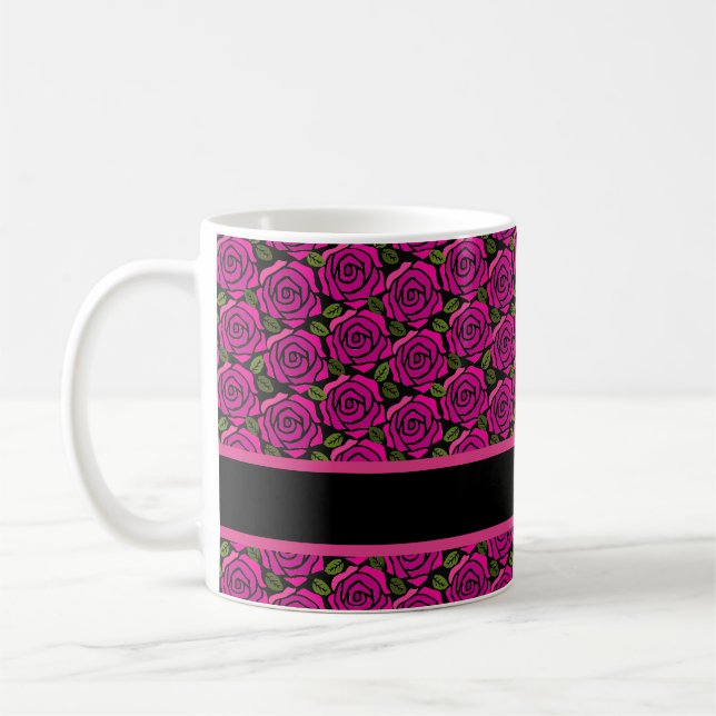 Caneca De Café Beautiful Hot Pink Roses Custom Name Monogram Gift (Esquerda)