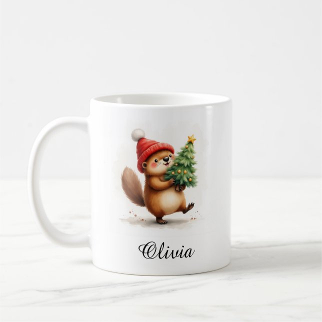 Caneca De Café Beaver with Christmas Tree Custom Name (Esquerda)
