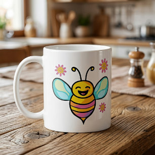 Caneca De Café Bebê Abelha Kawaii Sorridente Feliz com Flores Fof