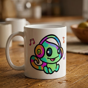 Caneca De Café Bebê Camaleão Kawaii Sorridente Com Fones de Ouvid