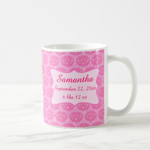 Caneca De Café Bebê, Damask Rosa, Nome Particularmente Nascido
