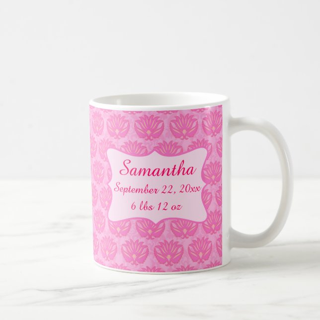 Caneca De Café Bebê, Damask Rosa, Nome Particularmente Nascido (Direita)