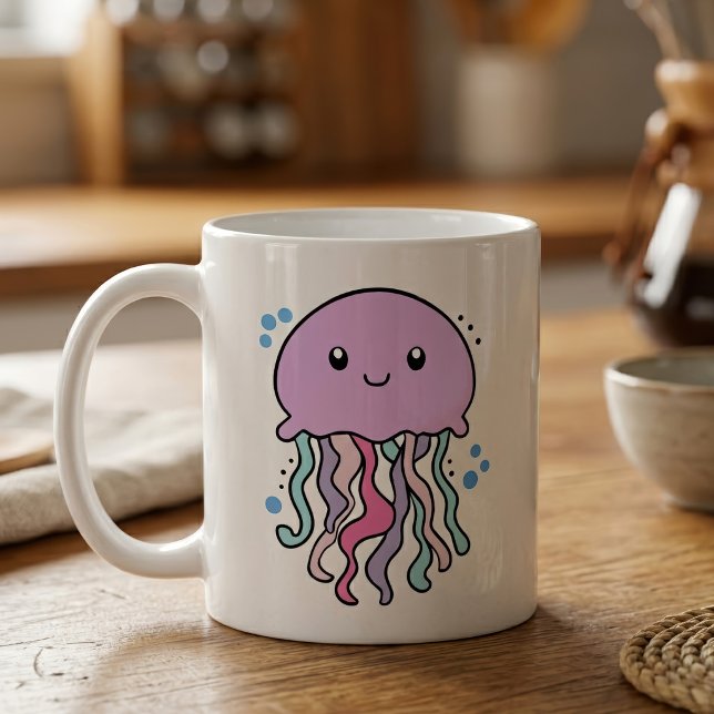 Caneca De Café Bebê de Água-Viva Kawaii Sorridente com Bolhas (Cute smiling Kawaii Baby Jellyfish with Bubbles. Coffee Mug)