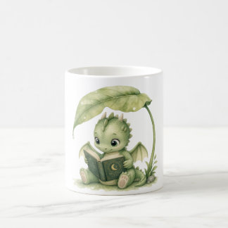 Caneca De Café Bebê Dragão Lendo Sob Folhas Livro Infantil Quarto