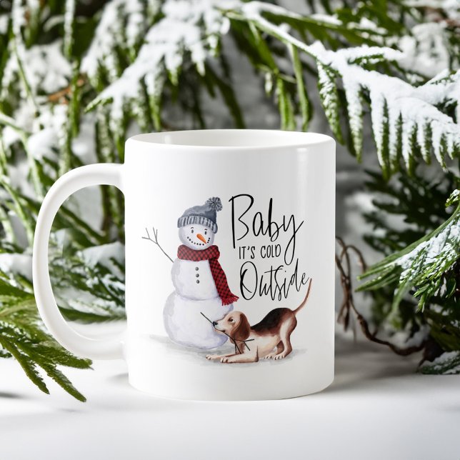Caneca De Café Bebê É Frio Fora do Beagle e Snowman (Baby It's Cold Outside Naughty Beagle & Snowman Coffee Mug)