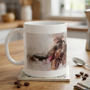 Caneca De Café Bebê Elefante Asiático Fofo e Brincalhão em Aquare