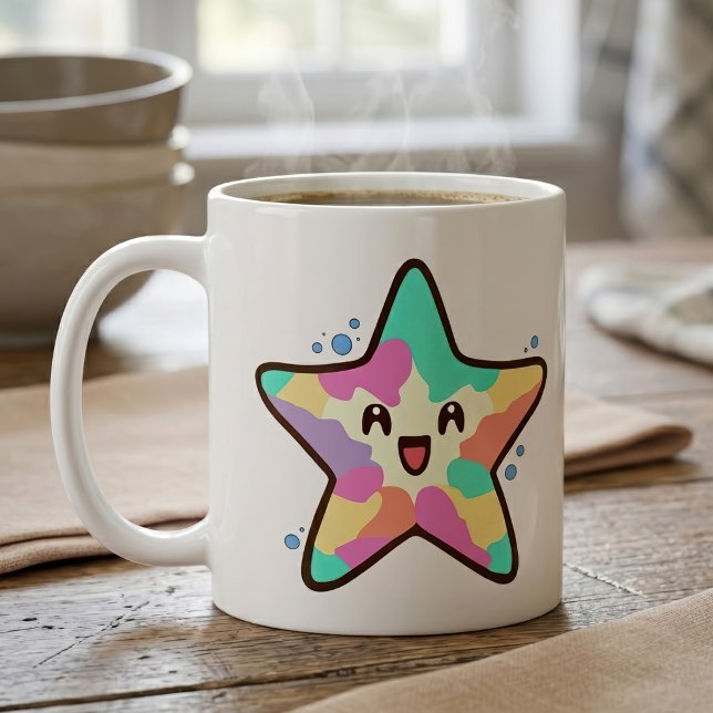 Caneca De Café Bebê Estrela-do-Mar Kawaii Sorridente com Bolhas (Cute Smiling Kawaii Baby Starfish with Bubbles. Coffee Mug)