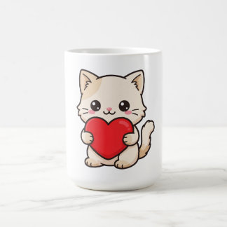 Caneca De Café Bebê Gatinho Segurando Coração Vermelho - Kawaii A