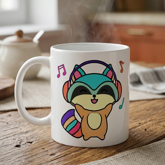 Caneca De Café Bebê Guaxinim Kawaii Sorridente com Fones de Ouvid (Cute smiling Kawaii Baby Raccoon with Headphones. Coffee Mug)