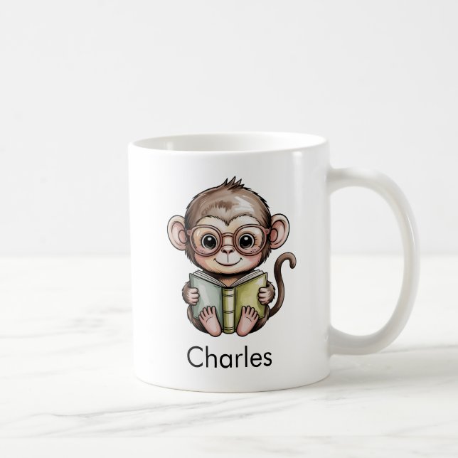 Caneca De Café Bebê Macaco Fofo Lendo um Livro (Direita)