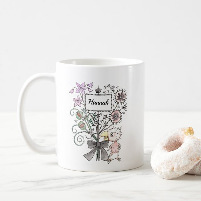 Caneca De Café Bebê Pássaro Gótico Fofo Personalizado Nome (Com Donut)