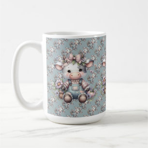 Caneca De Café Bebê Vaca Fofo em Macacão com Flores Pastéis