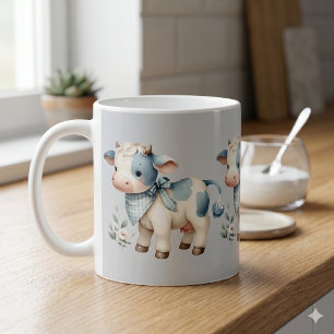Caneca De Café Bebê Vaca Xadrez Azul Estética Pastel Fazenda