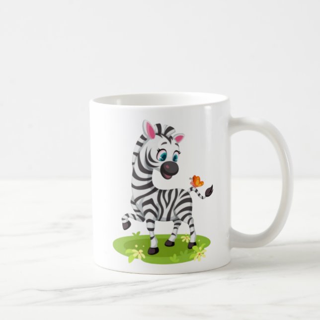 Caneca De Café Bebê Zebra Desenhando Brincando com Borboleta-2396 (Direita)
