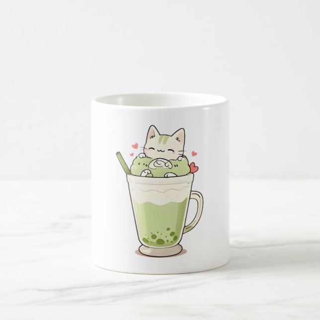 Caneca De Café Bebida de Matcha com Boba de Gato Fofo Design Kawa (Centro)