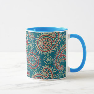 Caneca de café bege azul vermelha da campainha de