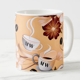 Caneca De Café Beige temido do café, iniciais de flores marrons