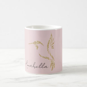 Caneca De Café Beija-flor com Brilho Dourado & Nome Personalizado