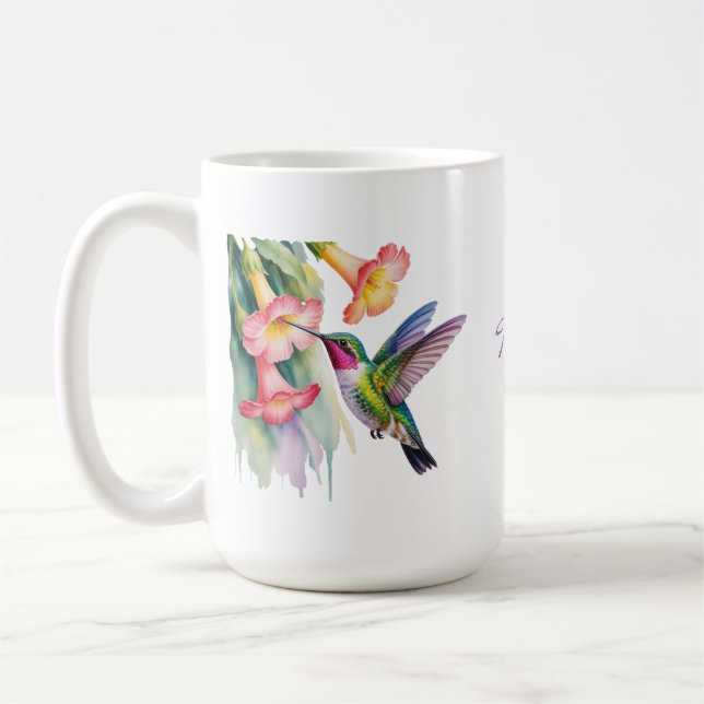 Caneca De Café Beija-flor em Aquarela com Flores (Esquerda)