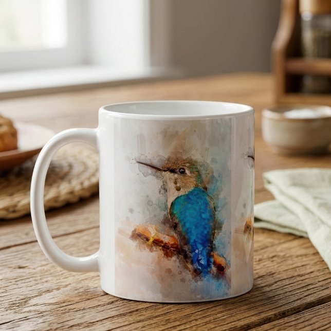 Caneca De Café Beija-flor Vibrante em Aquarela em um galho (Vibrant Watercolor Hummingbird Bird on a branch. Coffee Mug)