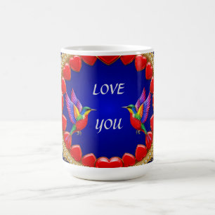 Caneca De Café Beija-flores Coloridos Rodeados por Coração Românt