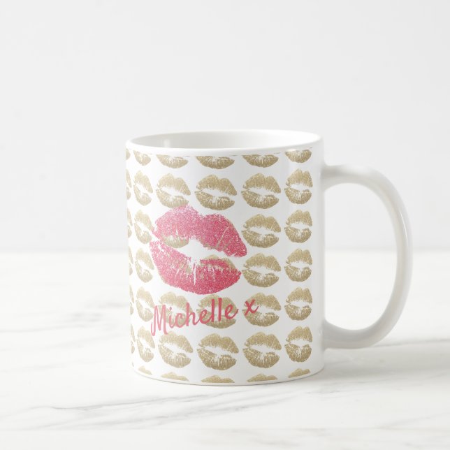 Caneca De Café Beijos de Batom Rosa e Dourado (Direita)